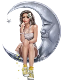 🤔 mujer, luna, estrellas, fantasía, chica, creciente, soñador, ilustración telegram sticker