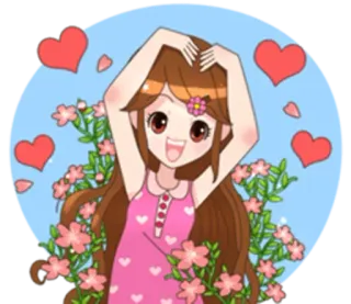 🤤 desenho animado, menina, flores, corações, fofo, feliz whatsapp sticker