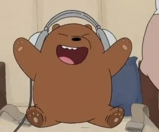 😆 Grizz We Bare Bears アニメ, クマ, 音楽を聴く, ヘッドホン, 茶色のクマ, ハッピー, ぼくらベアベアーズ telegram sticker