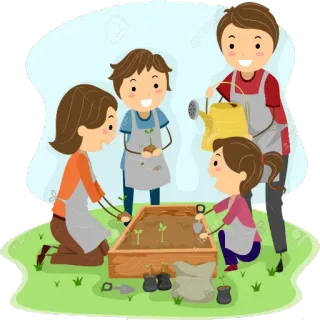 ☺️ familie, gartenarbeit, kinder, pflanzen, illustration, draussen, zusammenhalt, frühling whatsapp sticker