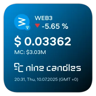📊 WEB3 -5.65 % $ 0.03362 MC: $3.03M nine candles 20:31, Thu, 10.07.2025 (GMT +0) crypto, web3, finance, cryptocurrency, nine candles telegram sticker