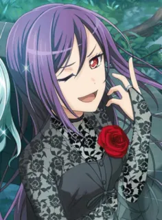 😌 anime girl, winking, rose, purple hair, character, female, cartoon telegram sticker