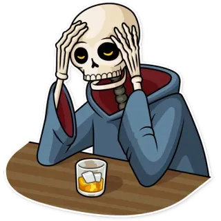 👤 esqueleto, alcohol, bebida, muerte, triste, dibujos animados, alcohol, parca telegram sticker