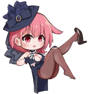 🔥 @HAWKS ragazza anime, chibi, capelli rosa, cappello, seduta, carina whatsapp sticker