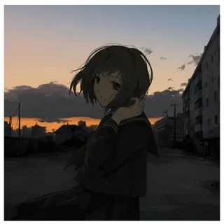 🏮 Anime, Fille, Coucher de soleil, Ville, Art telegram sticker