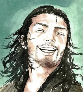 😄 man, glimlachend, portret, lang haar, samoerai, litteken telegram sticker
