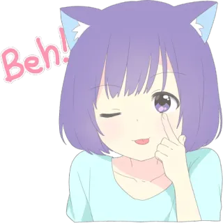 😉 Beh! Аниме, Девочка, Кошачьи ушки, Мило, Подмигивание, Высунутый язык, Стикер whatsapp sticker
