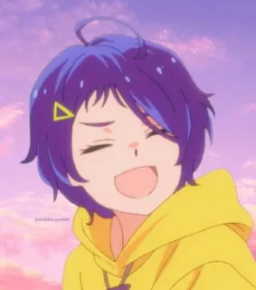 🐣 strawberrymkk Anime, Garota, Cabelo roxo, Moletom amarelo, Sorrindo, Fofa, Desenho animado telegram sticker