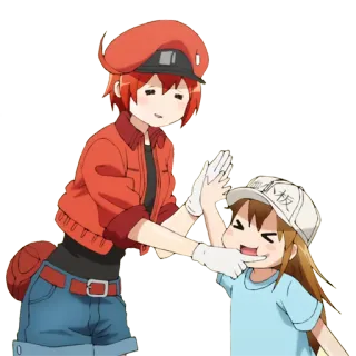🖐 Cells at Work! Anime, Células, Plaqueta, Glóbulo vermelho, Toca aqui, Amigável, Kawaii telegram sticker