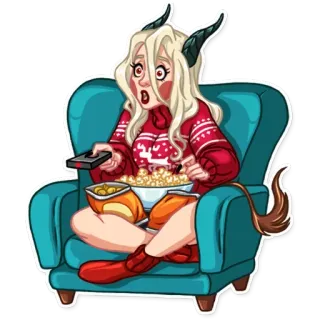 📺 mostro, guardando la tv, demone, donna, popcorn, divano whatsapp sticker