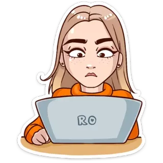 💻 RO femme, ordinateur, portable, dessin animé, autocollant, internet, bureau telegram sticker