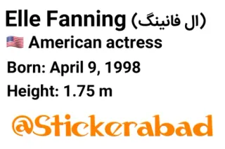 ℹ️ Elle Fanning Elle Fanning )ال فانینگ
American actress
Born: April 9, 1998
Height: 1.75 m
@Stickerabad actriz, americana, biografía, celebridad, Elle Fanning, perfil, mujer telegram sticker