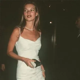 🌿 Kate Moss Kate Moss, model, fashion, celebrity, white dress, pearl necklace telegram sticker