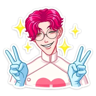✌️ Anime Stil, pinke Haare, Brille, Friedenszeichen, fröhlich, Glitzer telegram sticker