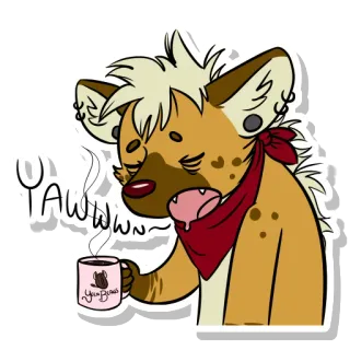 😪 YumPurrs hiena, ziewanie, kawa, zmęczony, śpiący, antropomorficzny, zwierzę, kreskówka, słodki telegram sticker