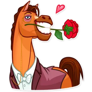 🌹 cheval, dessin animé, animal, rose, monocle, costume telegram sticker