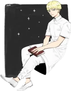 🌠 anime, male, blonde hair, book, sitting telegram sticker