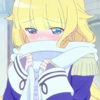 ☁️ Anime, Chica, Linda, Pelo Rubio, Sonrojo, Bufanda whatsapp sticker