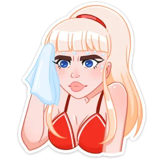 😅 mujer, rubia, dibujo animado, sudor, toalla, limpieza, expresión, preocupada, cansada telegram sticker