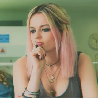 🤔 Maeve Wiley Sex Education 여자, 생각하는, 핑크 머리, 십대, 학생 telegram sticker