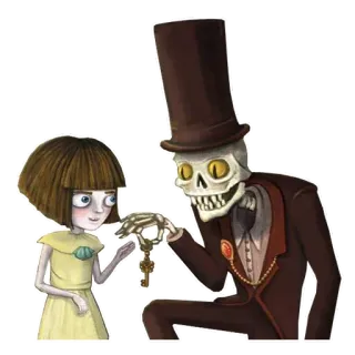 🗝 해골, 소녀, 열쇠, 중절모, 뼈, 만화 telegram sticker