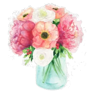 🌸 flowers, bouquet, floral arrangement, watercolor, blooms, pink, white, vase telegram sticker