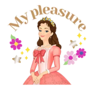 😌 My pleasure princesse, robe, fleurs, couronne, étoiles, étincelle, poli, phrase telegram sticker