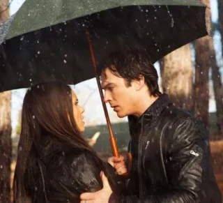 ❤ Damon Salvatore The Vampire Diaries romance, love, couple, rain, umbrella, drama, relationship telegram sticker