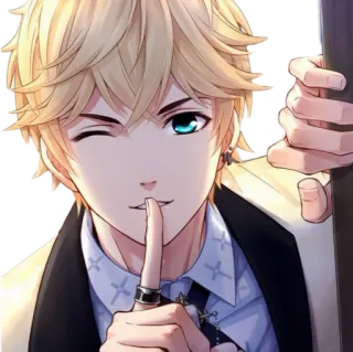 🖤 Anime, Mâle, Blond, Clin d'œil, Doigt sur les lèvres, Chut, Beau, Personnage telegram sticker