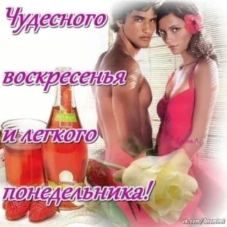 😊 Чудесного воскресенья и легкого понедельника! dimanche, lundi, salutation, fête, fraise, boisson, couple, russe telegram sticker