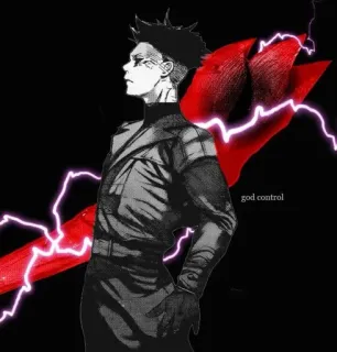 🌟 god control anime, man, black and white, red, military uniform, violent, lightning telegram sticker