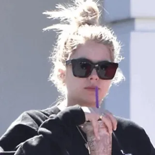 🦌 woman, sunglasses, drink, hair bun telegram sticker