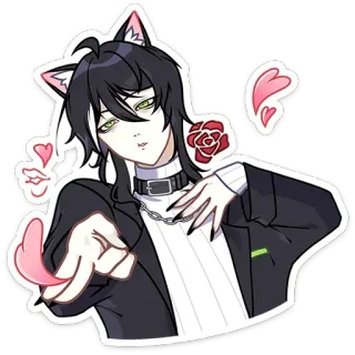 😘 애니메이션, 고양이 귀, 귀여운, 장미, 하트, 목걸이, 검은 머리, emo telegram sticker