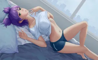 😏 สาวอนิเมะ, ห้องนอน, นอน, ผมสีม่วง, เซ็กซี่, ภาพประกอบ telegram sticker