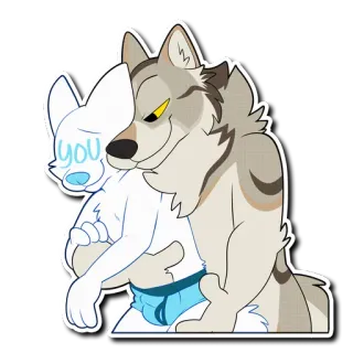 💦 you antropomorfo, lupo, abbraccio, cartone animato, blu telegram sticker