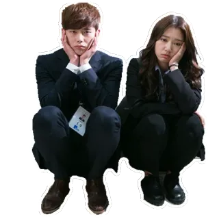 🤗 gens, asiatique, accroupi, couple, costumes, triste, ennuyé telegram sticker