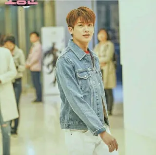 👦 man, denim jacket, white pants, fashion, portrait, casual, people, style telegram sticker