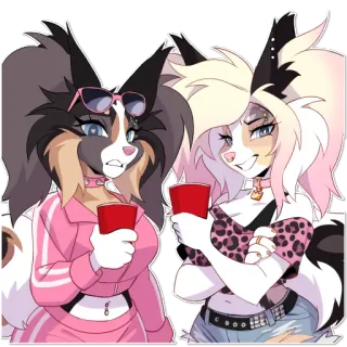 😒 furry, anthropomorphic, friends, party, drinking, red cups, fashionable, cartoon whatsapp sticker