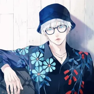 💠 Anime, Chico, Pelo Blanco, Gafas, Sombrero de cubo, Ilustración whatsapp sticker