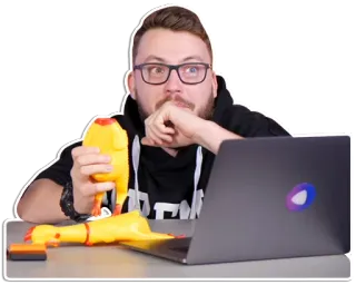 😯 Mann, Brille, Computer, Gummihuhn, Schreibtisch, Laptop whatsapp sticker