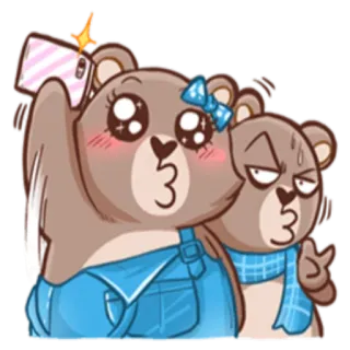 📸 熊, 卡通, 自拍, 可爱, 亲亲, 家庭, 蓝色, 棕色 telegram sticker