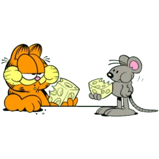 😆 Garfield cat, mouse, cheese, cartoon, friendship, orange cat, cartoon animal whatsapp sticker