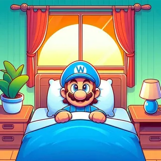 ☀️ Mario 马里奥, 卡通, 角色, 卧室, 床, 帽子, 醒来 telegram sticker