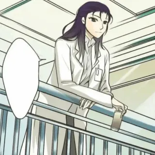 🍙 femme, scientifique, blouse de laboratoire, style anime, debout telegram sticker