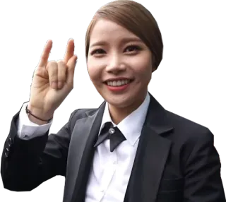 🤘 kobieta, garnitur, gest, piosenkarz, uśmiech, kpop telegram sticker