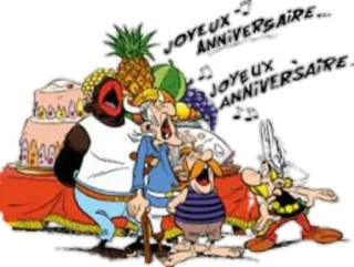 🍰 Asterix JOYEUX ANNIVERSAIRE JOYEUX ANNIVERSAIRE aniversário, celebração, festa, banda desenhada, desenho animado, Asterix, Obelix, francês whatsapp sticker