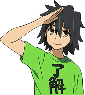👍 了解 Anime, Chico, Saludo, Texto chino, Camisa verde telegram sticker