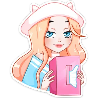 😏 Мультфильм, Девочка, Рисунок, Кошачья шапка, Розовая коробка, Салфетка, Милый telegram sticker