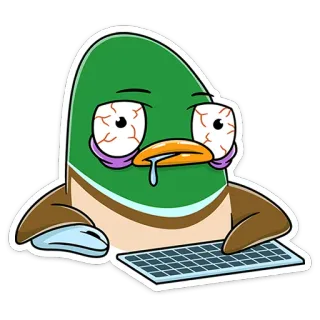 😛 anatra, cartone animato, stanco, computer, assonnato, divertente, animale whatsapp sticker