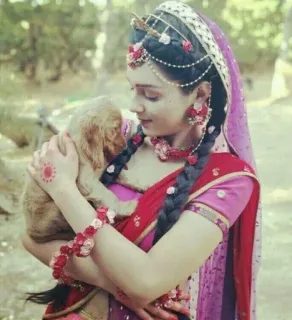 😊 woman, dog, puppy, portrait, traditional clothing, indian telegram sticker
